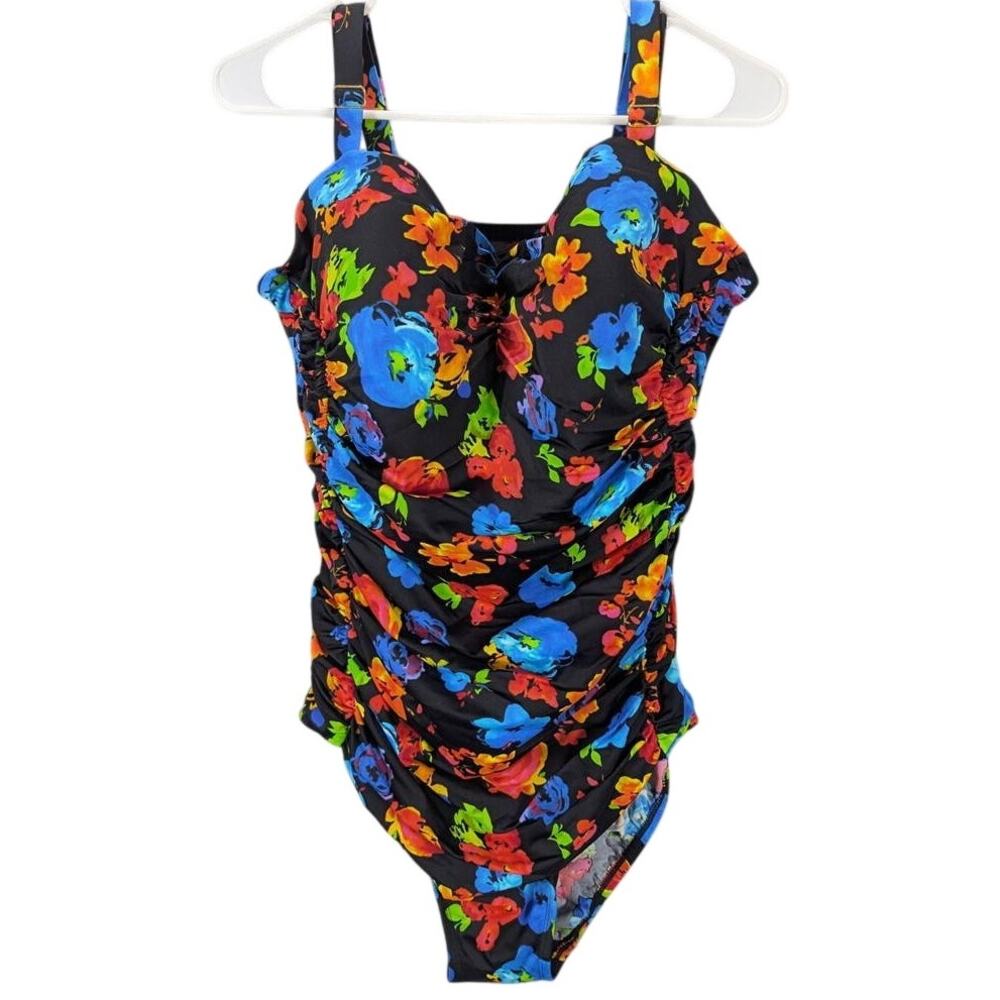 Great Lengths Swimsuit One-Piece Womens 22 Black Floral Ruched Padded Bra Beachy